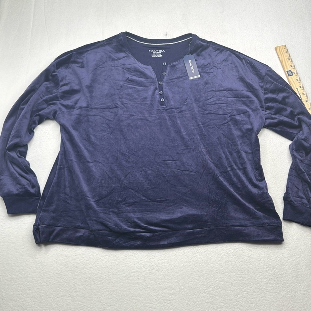 Nautica XXL womens pajama top long sleeve velour dark deep royal blue sleepwear